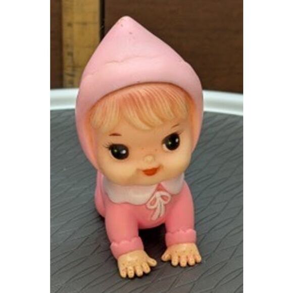 Vintage 60s 70s Iwai Crawling Baby Doll Squeaky Toy Pink Rubber Korea Nostalgic - Picture 1 of 14